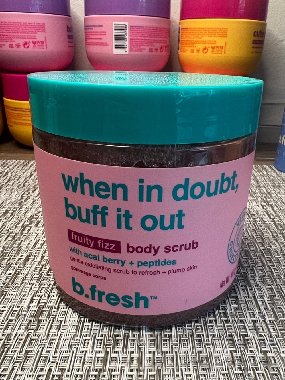 B.fresh When in Doubt Buff It Out Fruity Fizz Body Scrub — açaí berry + peptides